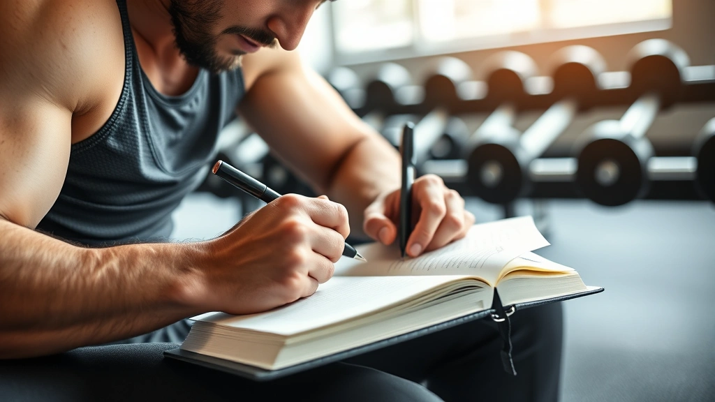 Athlete writing workout notes in a training journal at gym bench, dumbbells visible in background, natural lighting, hands and notebook in focus