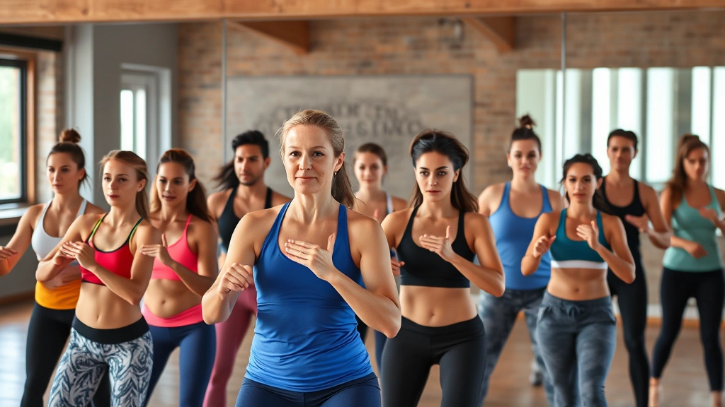 Diverse group of people in a fitness class together, mid-workout, showing genuine effort and community support without visible equipment displays