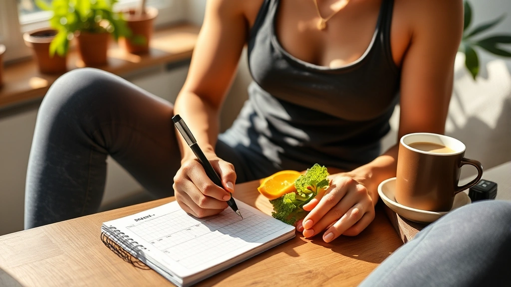 Individual tracking workout progress on a simple notebook or calendar, sitting with healthy food nearby, morning coffee, natural lighting
