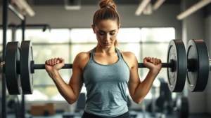 Athletic woman performing a perfect deadlift with proper form in a modern gym, focused expression, natural lighting, sweat visible on skin