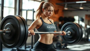 Athletic woman performing a perfect deadlift with excellent form, barbell at hip level, focused expression, modern gym setting with natural lighting, energetic atmosphere