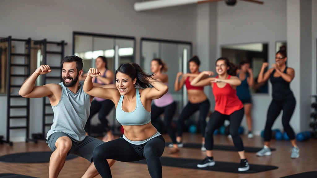Diverse group of people doing different exercises together in a functional fitness space—someone squatting, someone pulling, someone pushing—all smiling and engaged