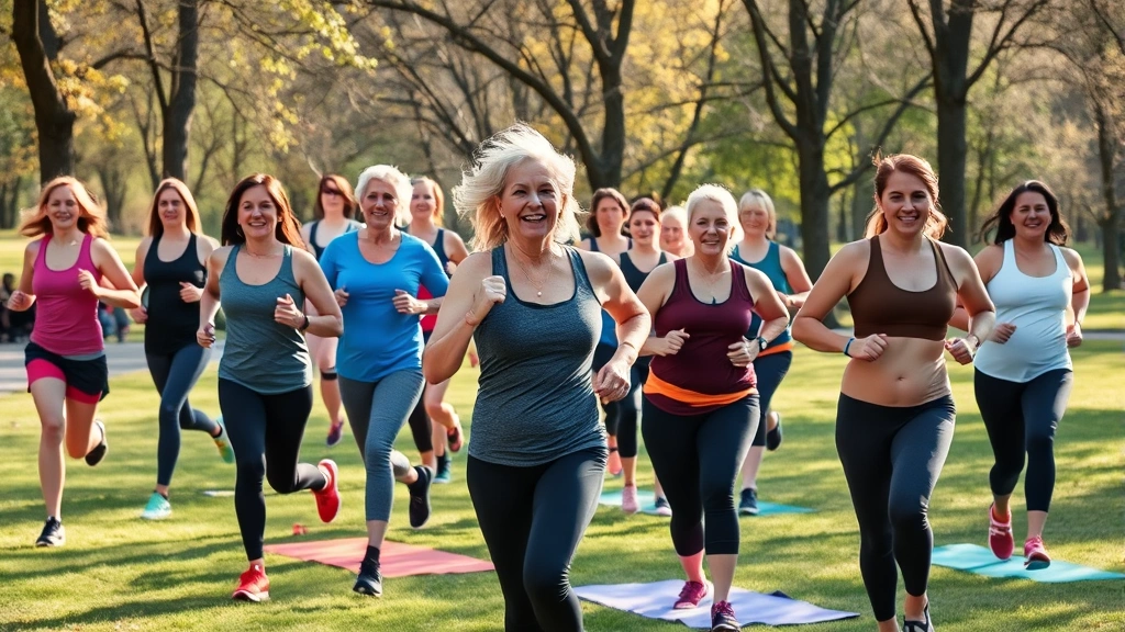 Diverse group of people of different ages and body types exercising together outdoors in a park—some jogging, some doing yoga, some strength training with resistance bands, natural daylight, inclusive and motivating