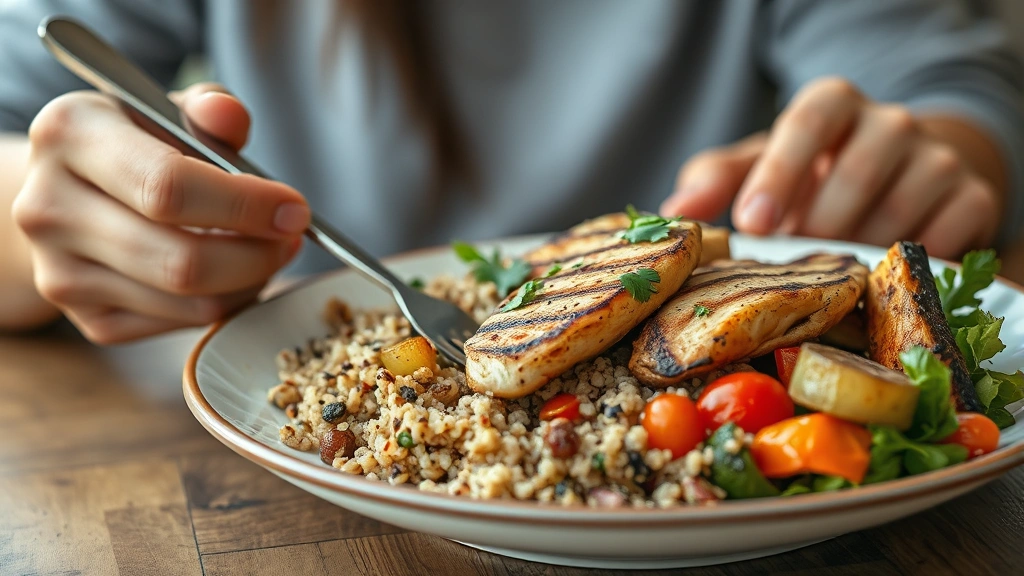 Close-up of someone eating a balanced meal with grilled chicken, quinoa, and roasted vegetables at a wooden table, natural light, healthy and appetizing