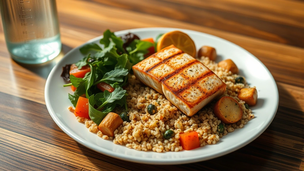 Close-up of a healthy meal plate with grilled salmon, quinoa, roasted vegetables, and fresh greens, water bottle nearby, wooden table, natural lighting, vibrant and appetizing
