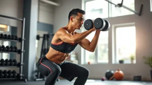 Fit beginner performing dumbbell squat with perfect form in bright home gym, focused expression, athletic wear