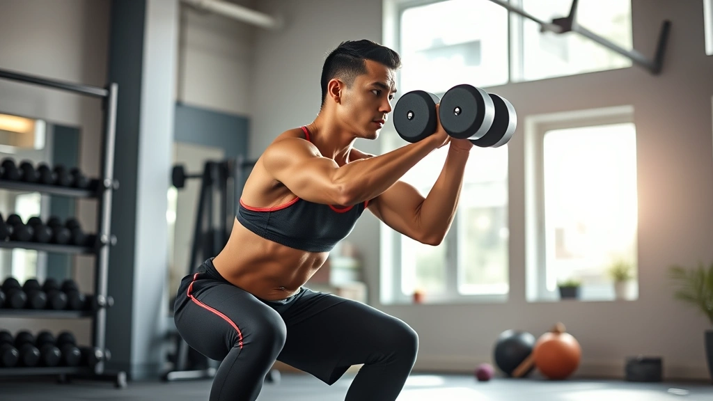Fit beginner performing dumbbell squat with perfect form in bright home gym, focused expression, athletic wear