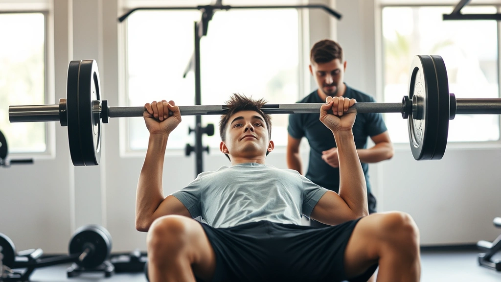 Young person doing barbell bench press with spotter nearby, controlled movement, gym setting with natural lighting