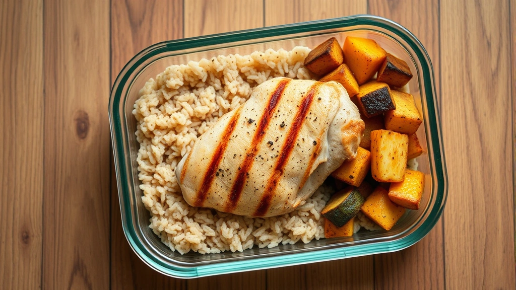 Overhead shot of a meal prep container with grilled chicken breast, brown rice, and roasted vegetables on a wooden table.