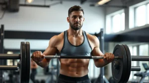 Person doing barbell deadlift in a gym with proper form, focused expression, natural gym lighting, athletic wear, no mirrors or text visible