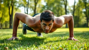 Person in athletic wear doing a push-up outdoors on grass with trees in background, focused expression, natural daylight, realistic photography