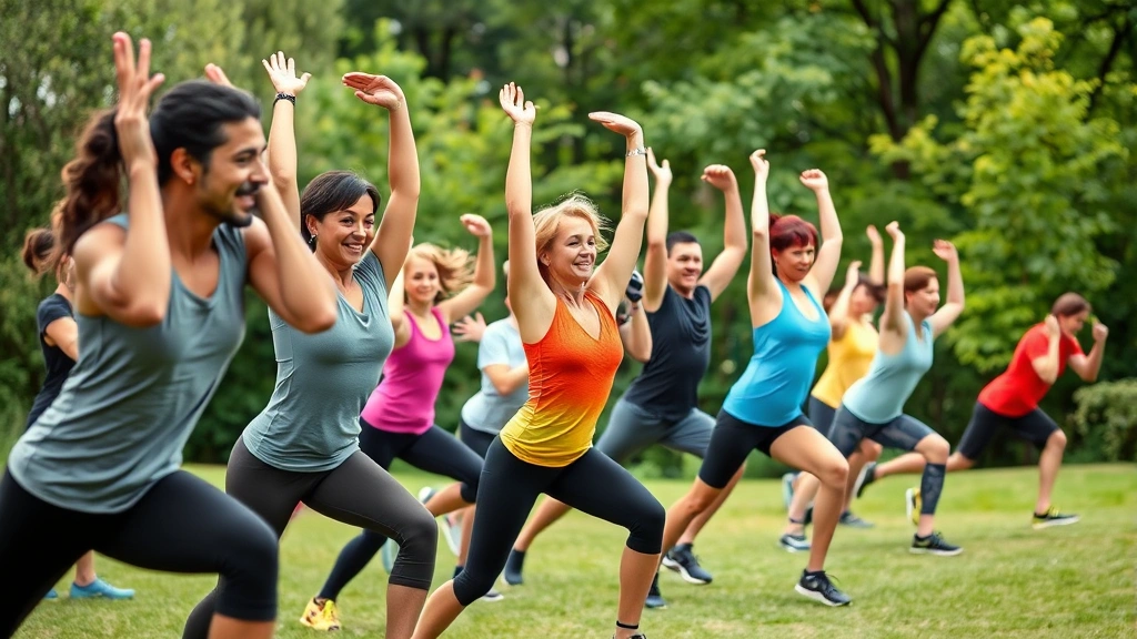 Group of people doing a bodyweight workout outdoors in a park, diverse ages and fitness levels, smiling and engaged, natural greenery background