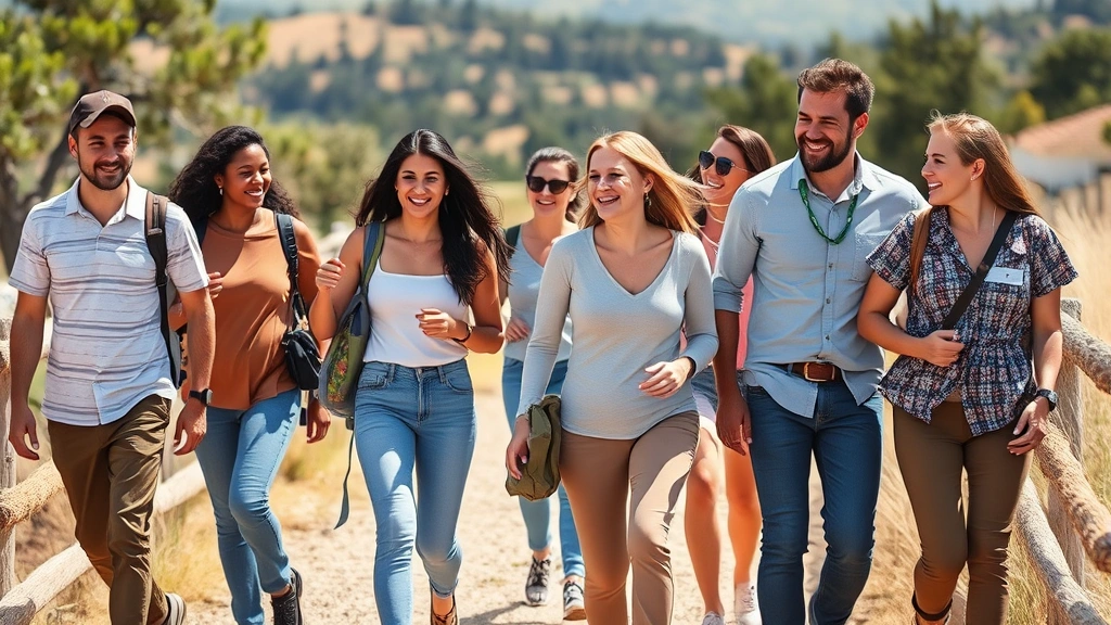 Group of diverse people walking together outdoors on a sunny trail, casual pace, smiling, natural landscape background, fresh air and movement, social and active lifestyle