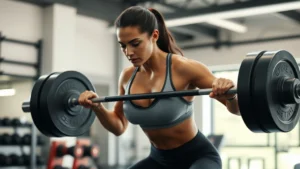 Athletic woman performing barbell deadlift with perfect form in modern gym, focused expression, natural lighting, sweat visible, strong powerful movement captured mid-lift
