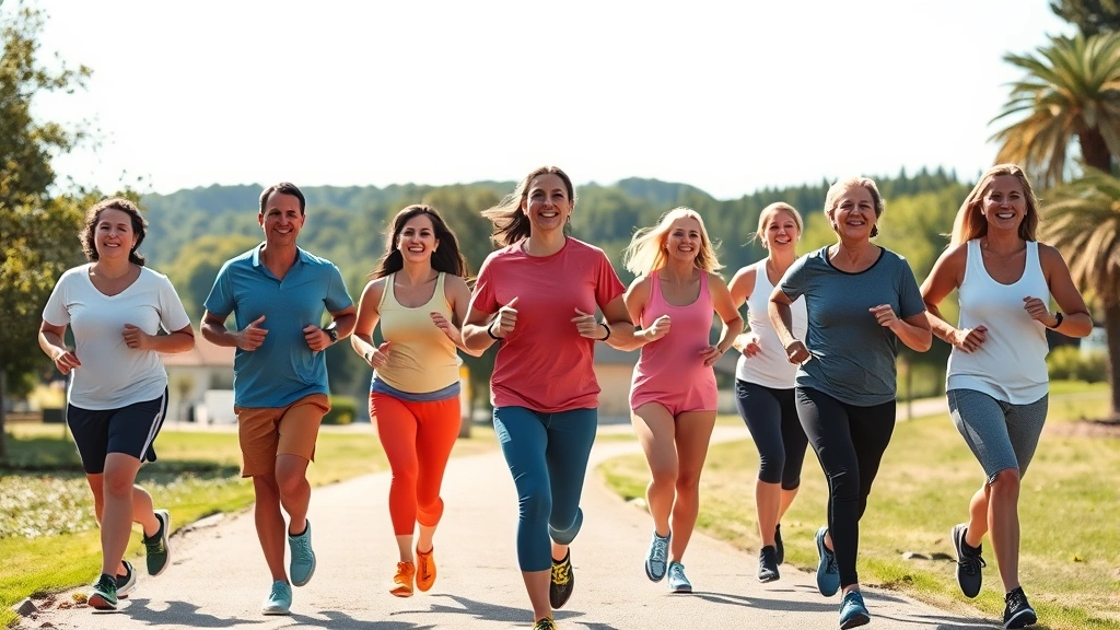 Diverse group of people of different ages and body types jogging together on sunny park trail, smiling, engaged, active outdoor lifestyle, natural scenery in background