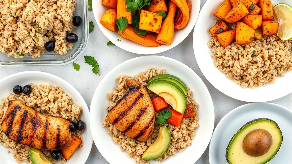 Overhead shot of a colorful meal prep spread with grilled chicken, brown rice, roasted vegetables, and avocado on white plates, natural daylight
