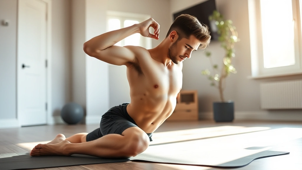 Young male athlete stretching on a yoga mat in a peaceful home gym space, sunlight streaming through windows, relaxed posture showing active recovery