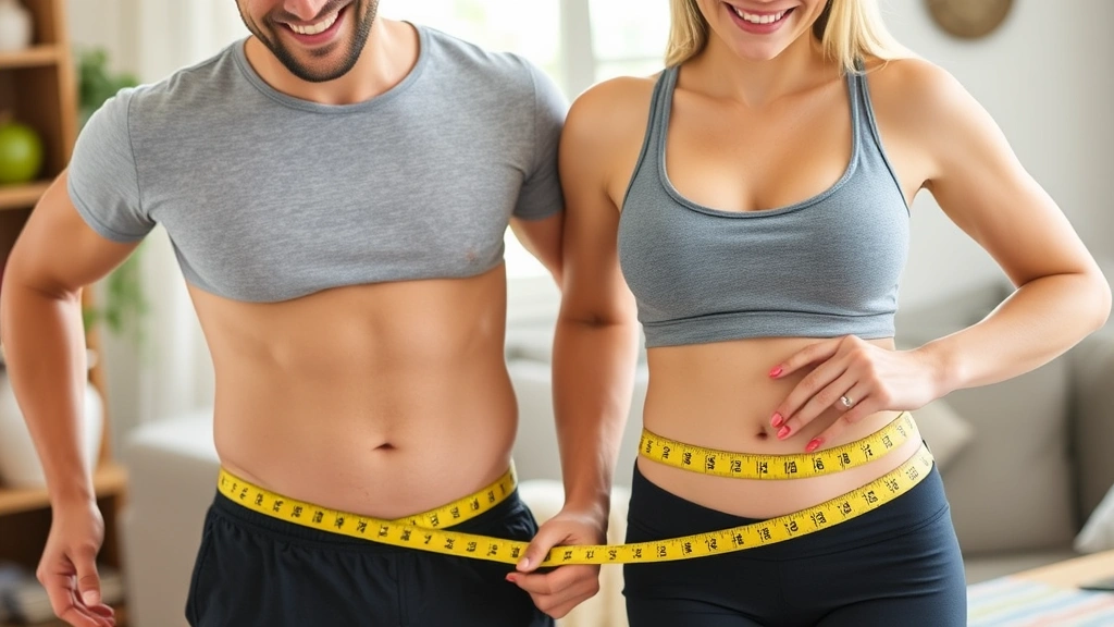 Fit couple measuring waist circumference with a tape measure, smiling, natural home setting, showing healthy lifestyle measurement tracking moment
