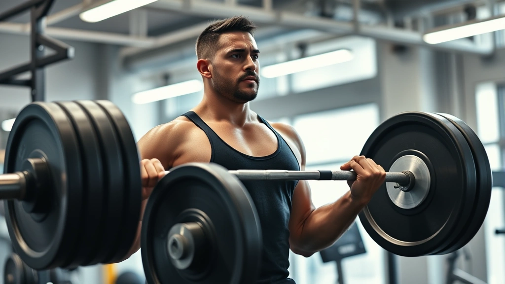 Man performing a deadlift with proper form in a modern gym, muscular physique, concentrated facial expression, weight plates on barbell, bright gym lighting