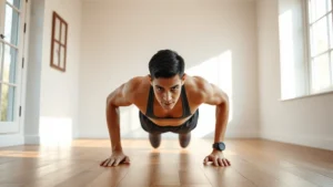 Person doing push-ups in a bright, minimal home gym with natural light coming through windows, focused form, athletic wear, wooden floor, motivational but realistic aesthetic