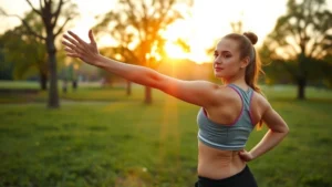 Person in athletic wear stretching outdoors at sunrise with trees and natural light, looking peaceful and focused, morning routine setting