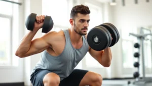 Person doing a dumbbell squat in a bright gym, focused expression, athletic wear, natural lighting from windows