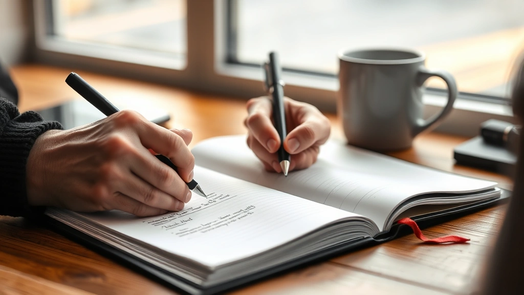 Close-up of someone's hand writing in a workout journal with a coffee cup nearby, morning light on wooden desk, motivational atmosphere