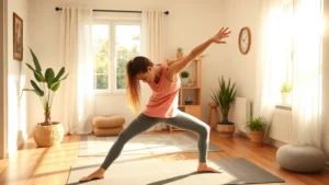 Person doing a simple home workout in morning light, stretching or doing yoga in comfortable clothes, bright and peaceful home gym setting