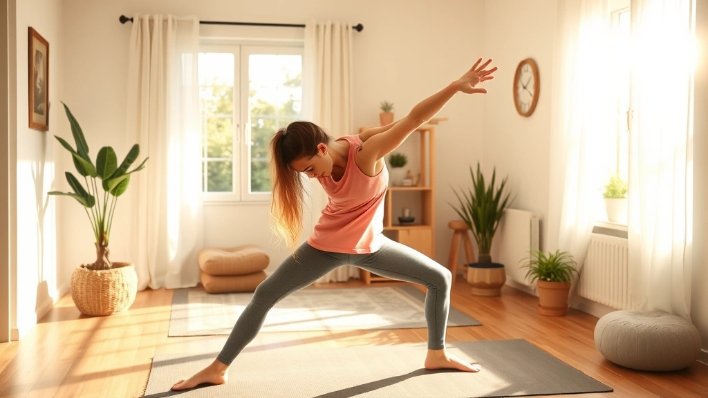 Person doing a simple home workout in morning light, stretching or doing yoga in comfortable clothes, bright and peaceful home gym setting