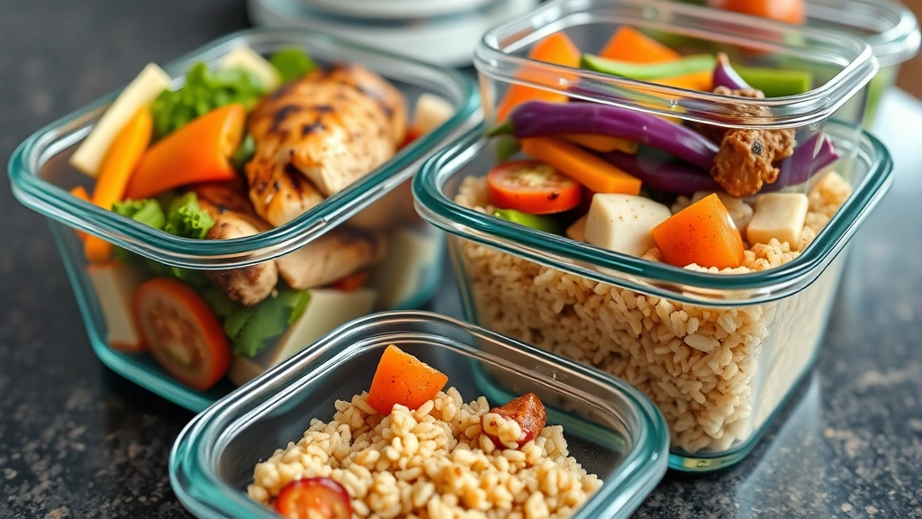 Close-up of healthy meal prep with grilled chicken, colorful vegetables, and brown rice in clear containers on kitchen counter