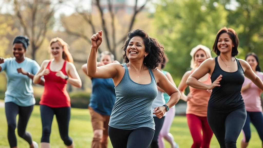 Group of diverse people of different ages and body types exercising together outdoors in a park, smiling and moving naturally in daylight