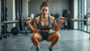 Athletic woman performing a perfect form barbell squat in a modern gym, focused expression, lifting belt visible, strong legs engaged