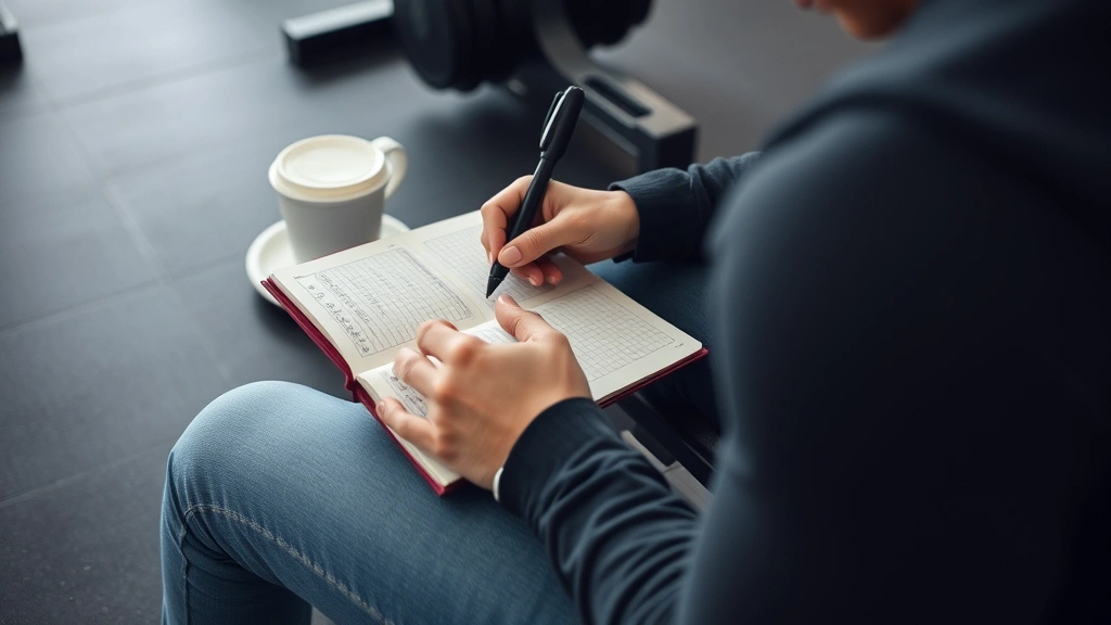 Person writing workout progress notes in a training journal at a gym bench, coffee nearby, tracking weights and reps, candid moment