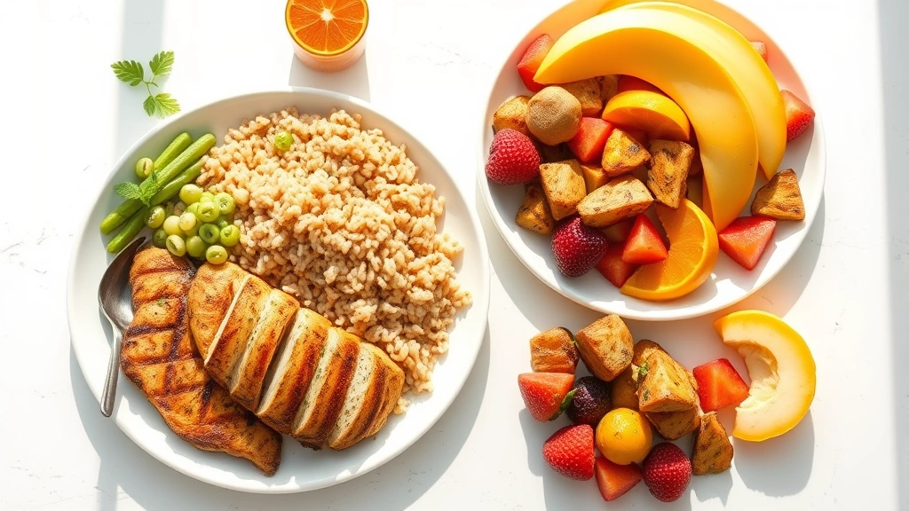 A colorful meal prep spread with grilled chicken, brown rice, roasted vegetables, and fresh fruit on clean plates, bright natural daylight