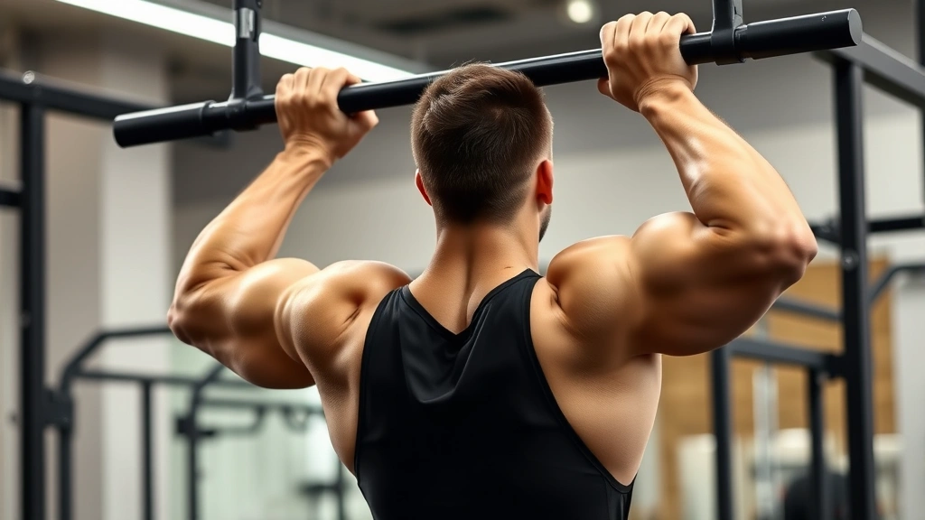 Male athlete doing a controlled pull-up with excellent form, muscles engaged, gym background blurred, demonstrating proper range of motion