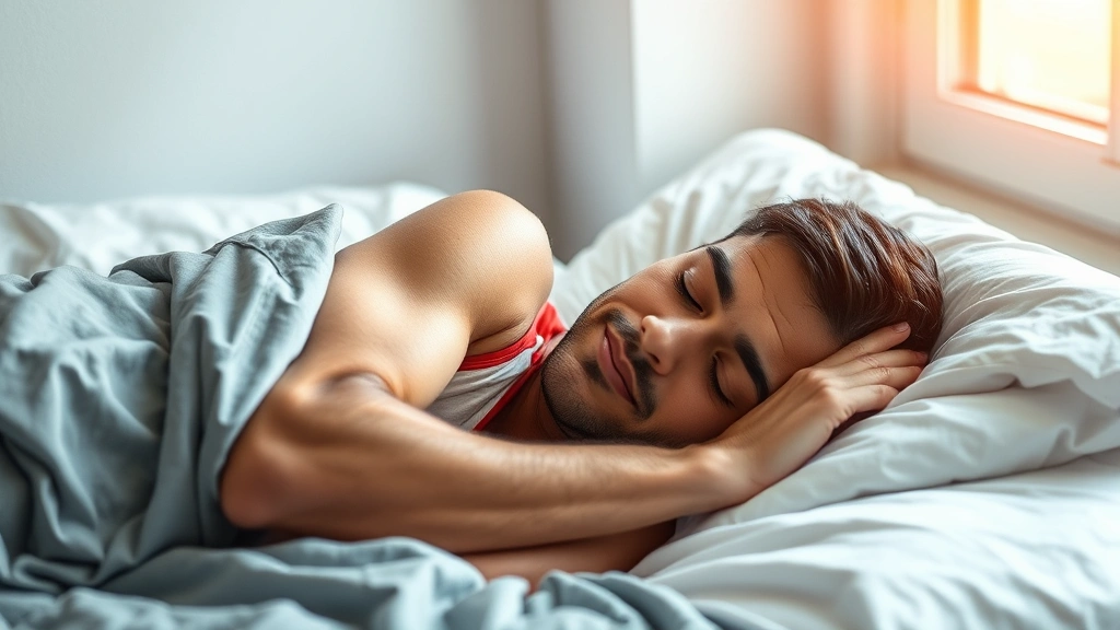 An athlete sleeping peacefully in comfortable bedding, peaceful expression, soft morning light coming through window showing rest and recovery