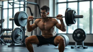 Fit athlete performing a heavy barbell squat with perfect form in a modern gym, focusing on depth and control, natural lighting from gym windows