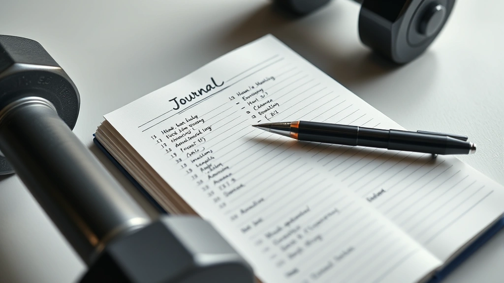 Close-up of a workout journal and pen next to dumbbells, showing handwritten training notes and progress tracking, minimalist desk setup