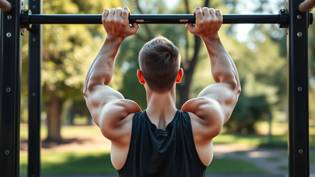 Person doing pull-ups with controlled form, showing full range of motion from dead hang to chin over bar, outdoor gym or park setting with natural light