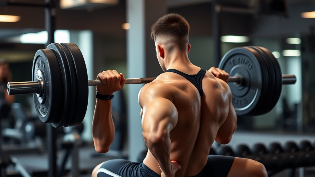 Athletic person performing barbell back squat with controlled form, focused expression, gym setting with free weights visible in soft-focus background