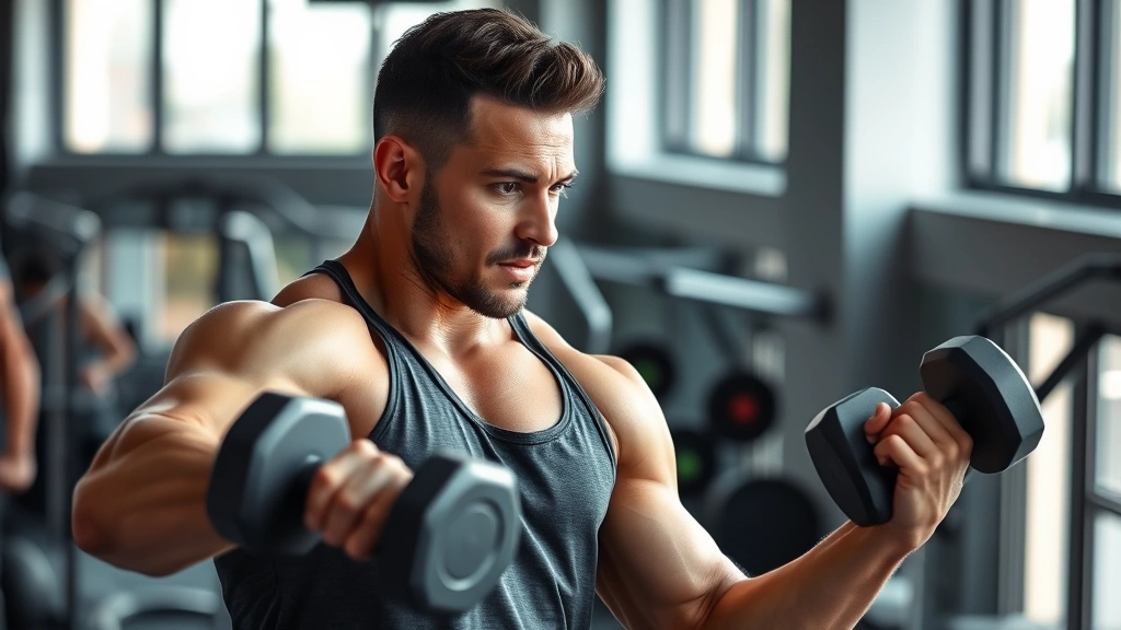 Athlete mid-workout in modern gym, dumbbell in hand, focused expression, sweat visible, natural lighting from windows, energetic body language