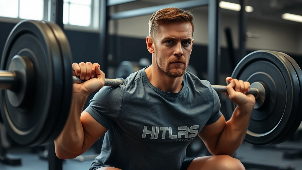 Person in a gym doing a barbell squat with perfect form, focused expression, natural gym lighting, sweat visible on shirt, concentrating on the lift