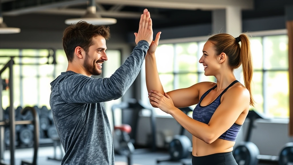 Two people high-fiving after workout, genuine smiles, gym setting, both in athletic wear, celebratory moment, natural gym background