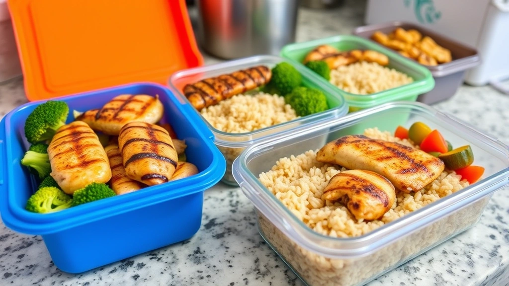 Colorful meal prep containers with grilled chicken, brown rice, broccoli, and other whole foods on a kitchen counter, ready to eat
