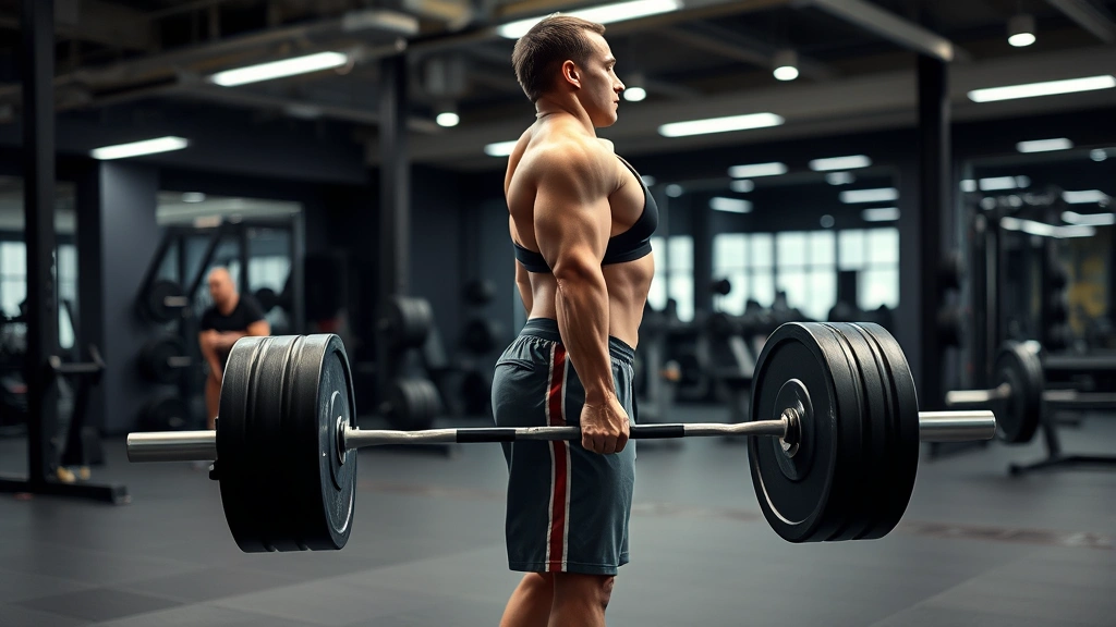 Athletic person performing a perfect barbell deadlift with neutral spine and engaged core in a modern gym, side view showing proper hip and shoulder positioning