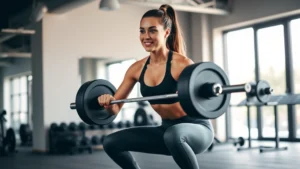 Athletic woman performing weighted squats in a modern gym with natural lighting, showing strength and proper form, confident expression