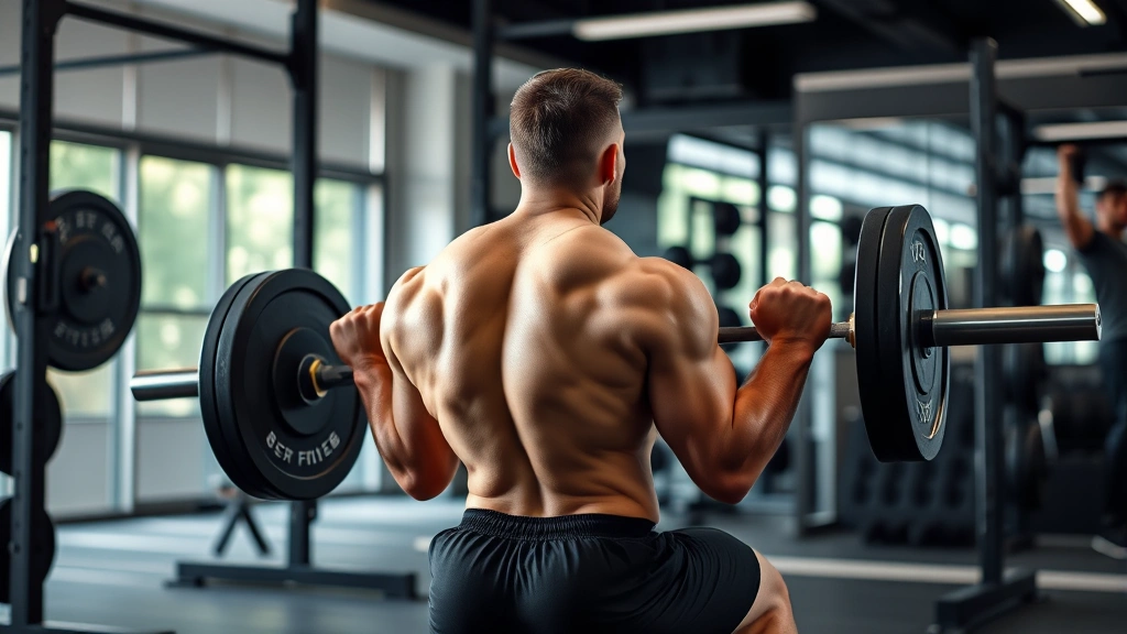 Person performing barbell back squat with proper form in a modern gym, focused expression, natural lighting, athletic build, mid-lift position