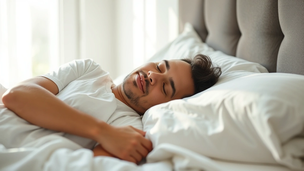 Person sleeping peacefully in bed with natural sunlight coming through window, peaceful expression, comfortable bedding, recovery and rest concept