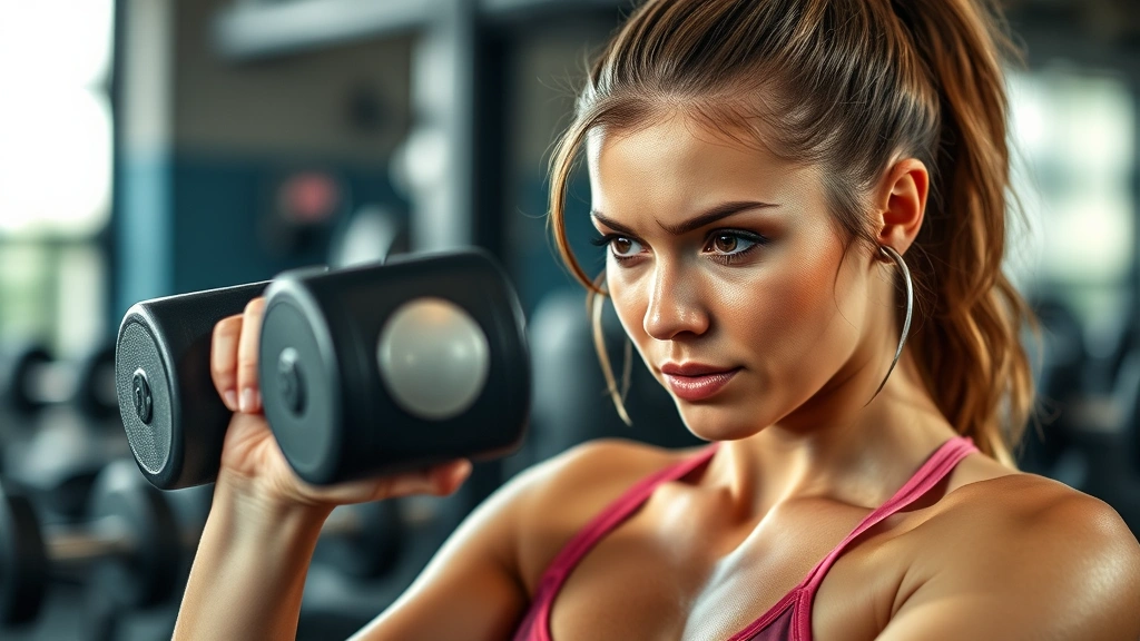 Athletic woman lifting heavy dumbbell in gym with focused expression, sweat on forehead, proper form demonstrated