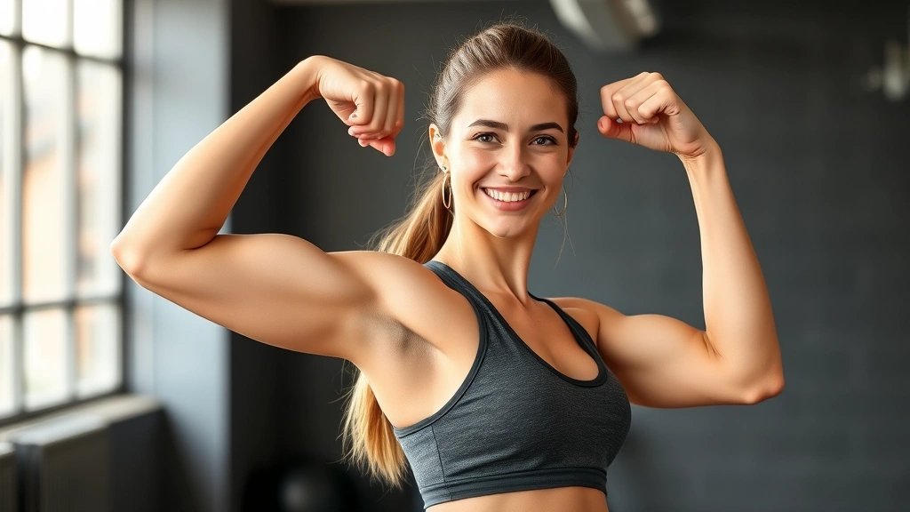 Woman flexing bicep muscle showing strength progress, confident smile, natural lighting in workout setting